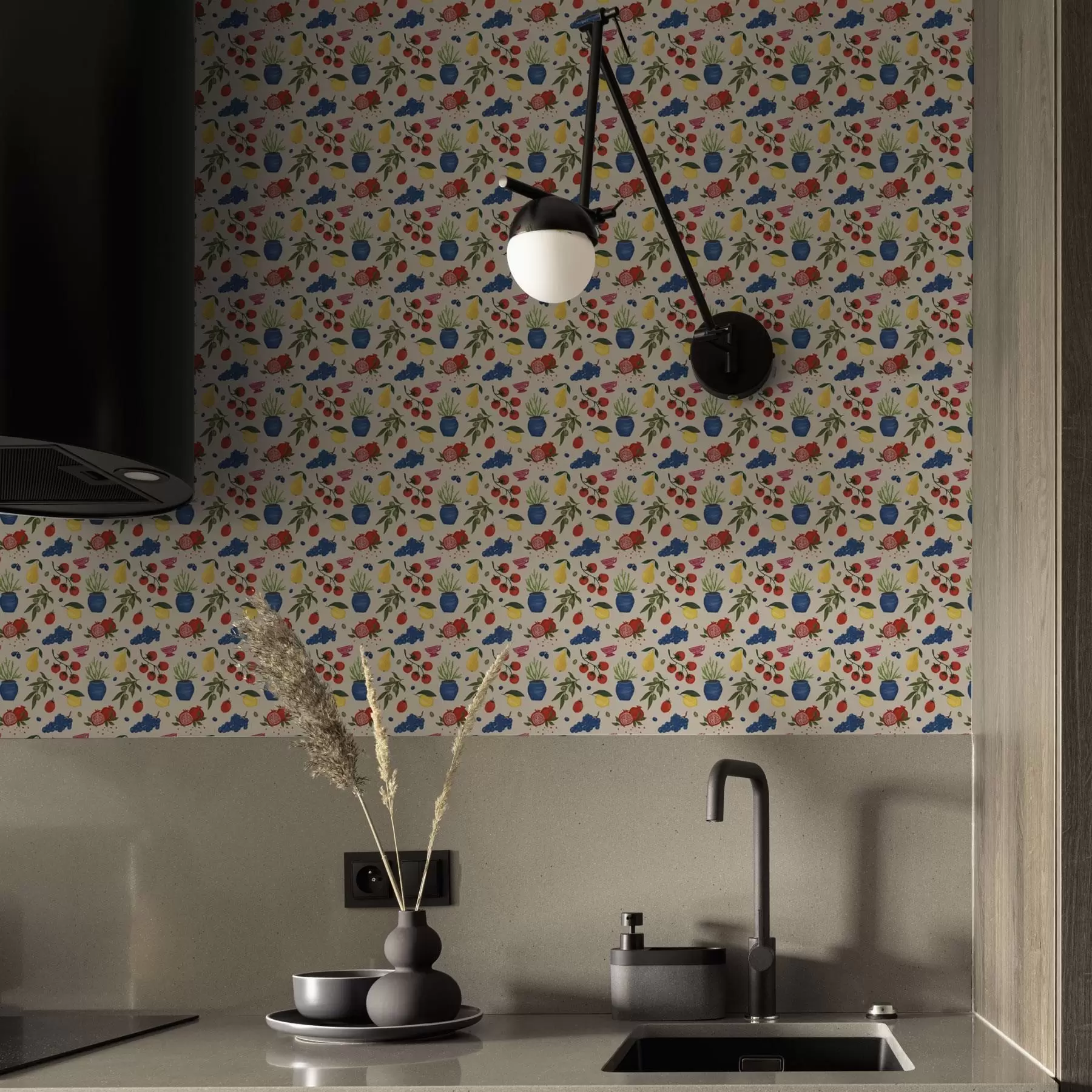 wall murals Живописан узорак са воћем, гранама и вазама a00637