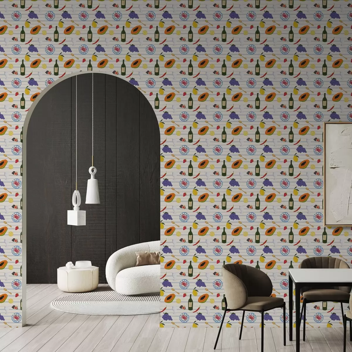 Позадина Кухињски отисак са воћем, чашама и тањирима a00638