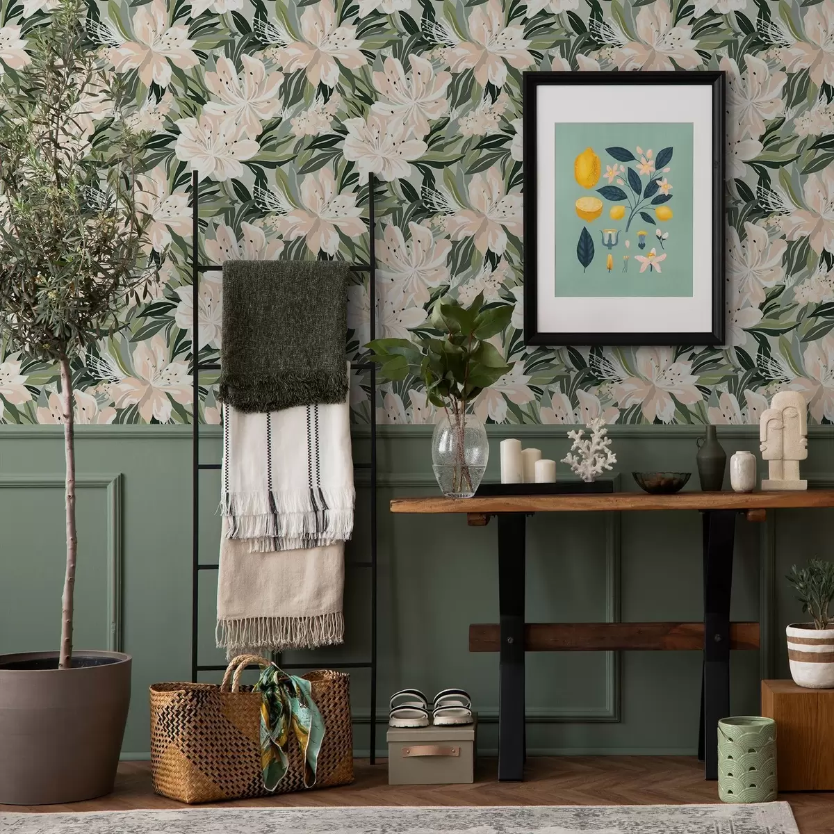 Позадина Велики кремасти цветови на светлозеленој позадини a00646