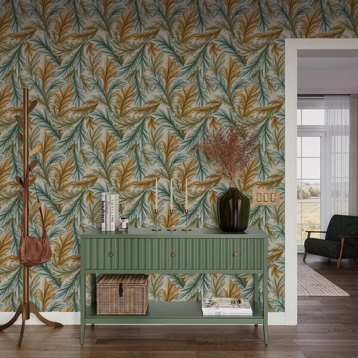 Позадина Декоративно лишће у топлој окер и зеленој палети a00673