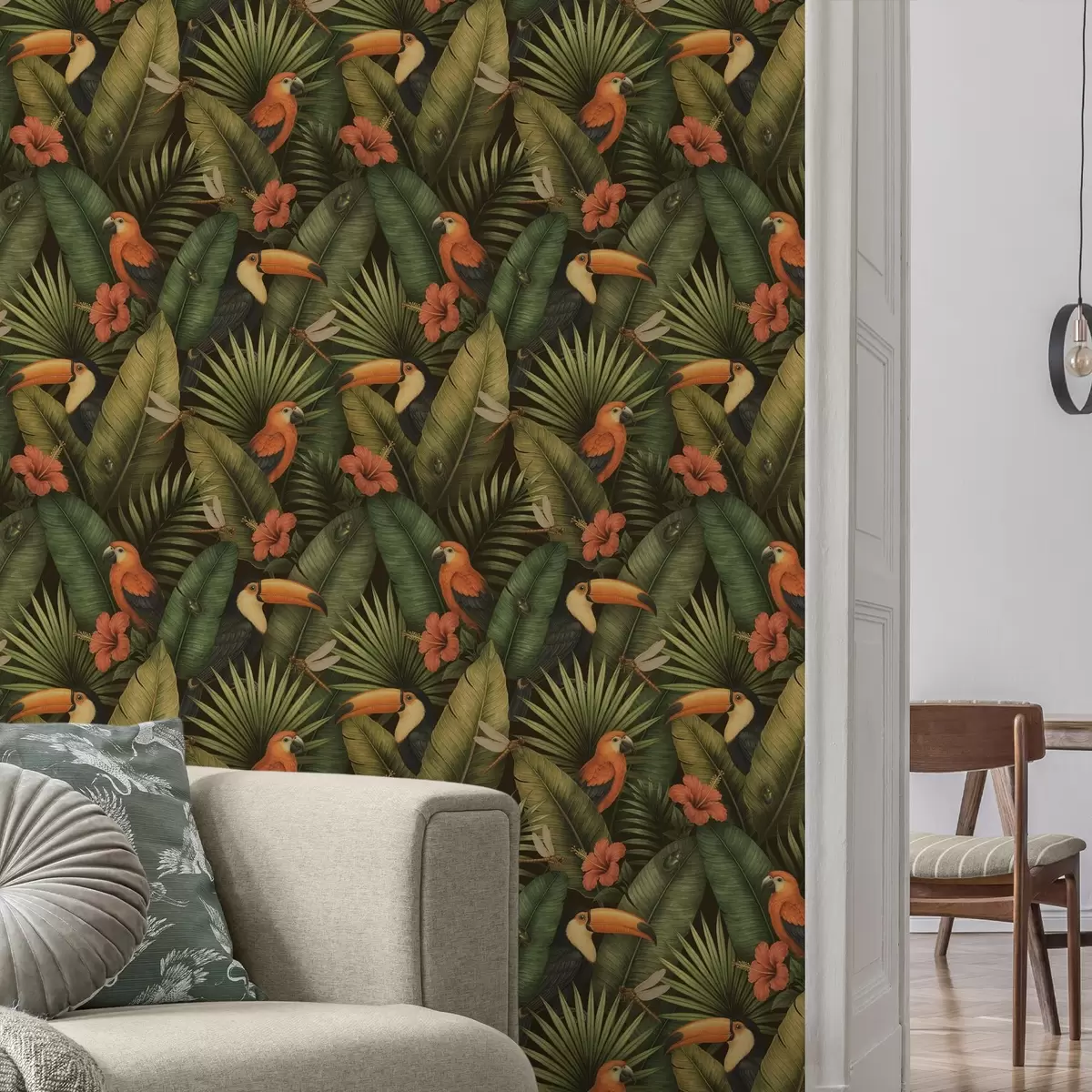 Позадина Тукан и папагаји међу тропским лишћем и цвећем a00702