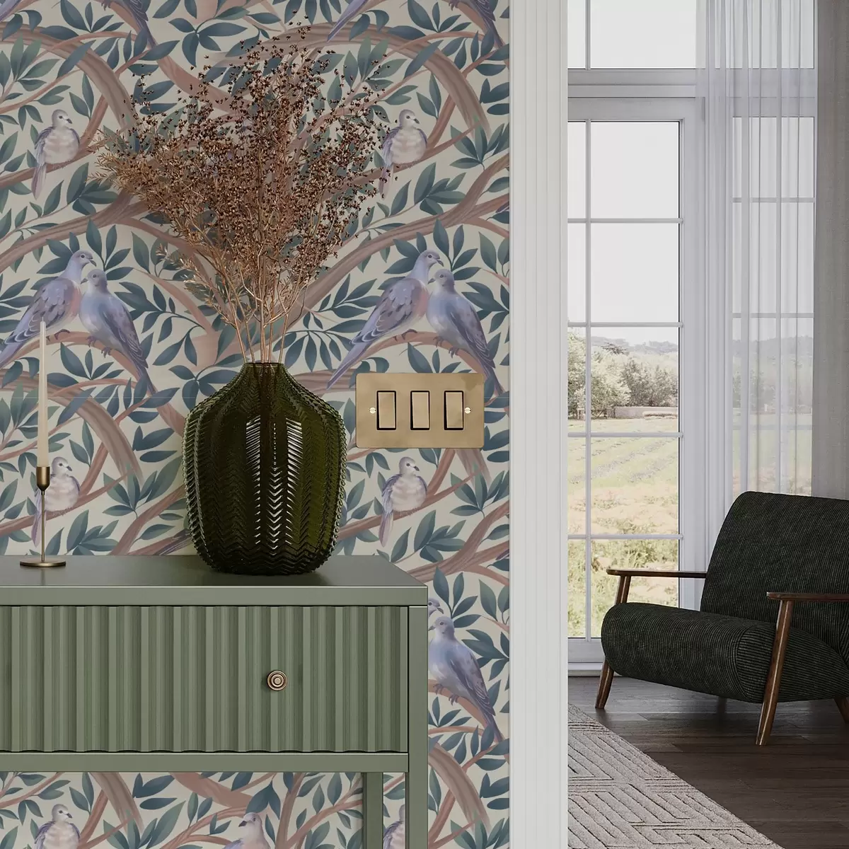 Позадина Голубови међу гранама и лишћем у мекој пастелној палети a00796