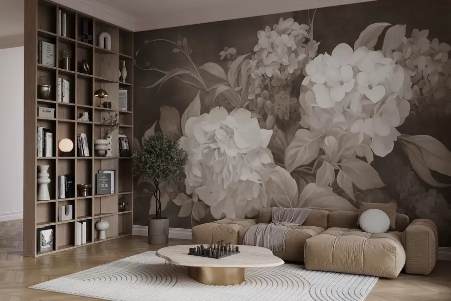 wall murals Текстурирана сепија слика имитација цветова хортензија са великим листовима, апстрактна и тамна позадина w09465