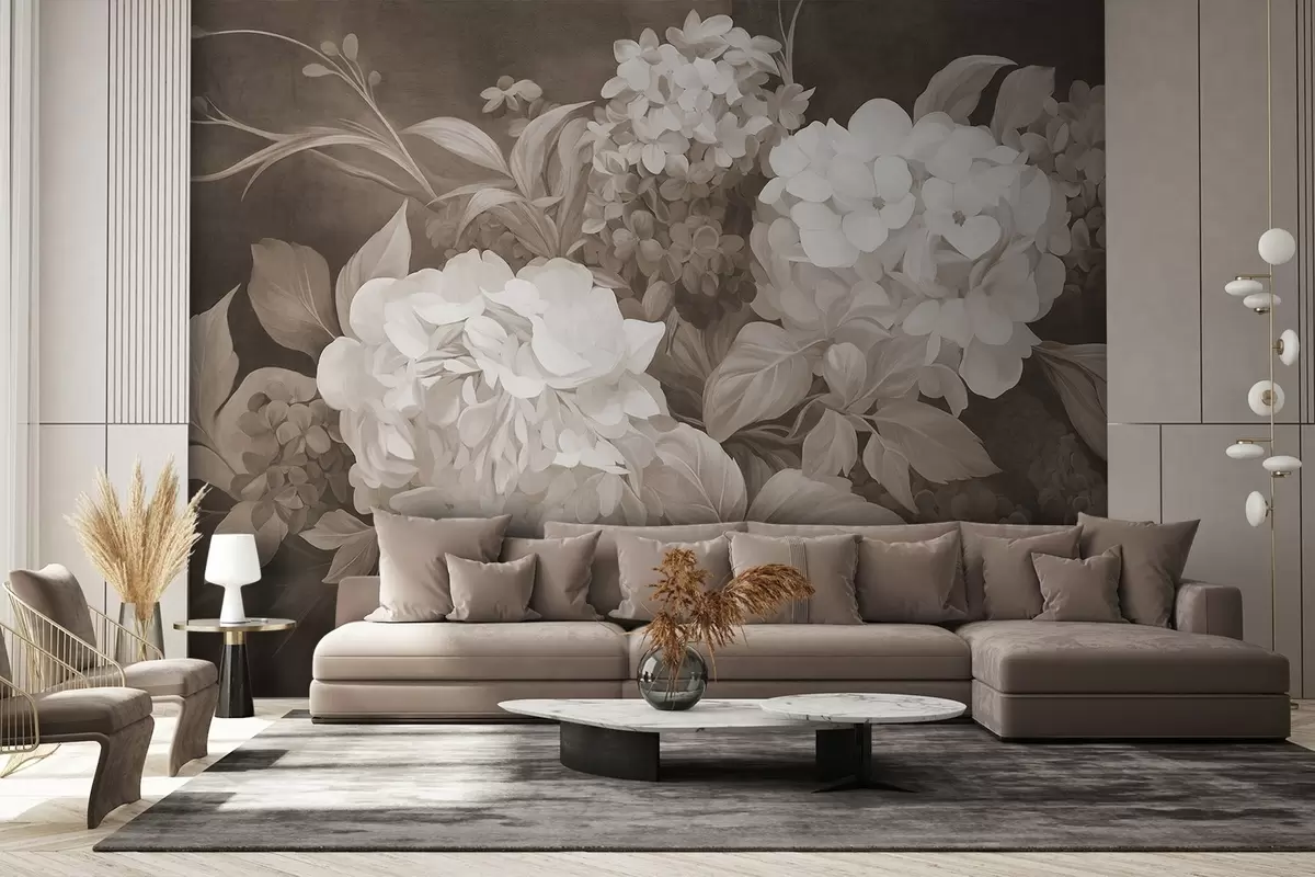 wall murals Текстурирана сепија слика имитација цветова хортензија са великим листовима, апстрактна и тамна позадина w09465