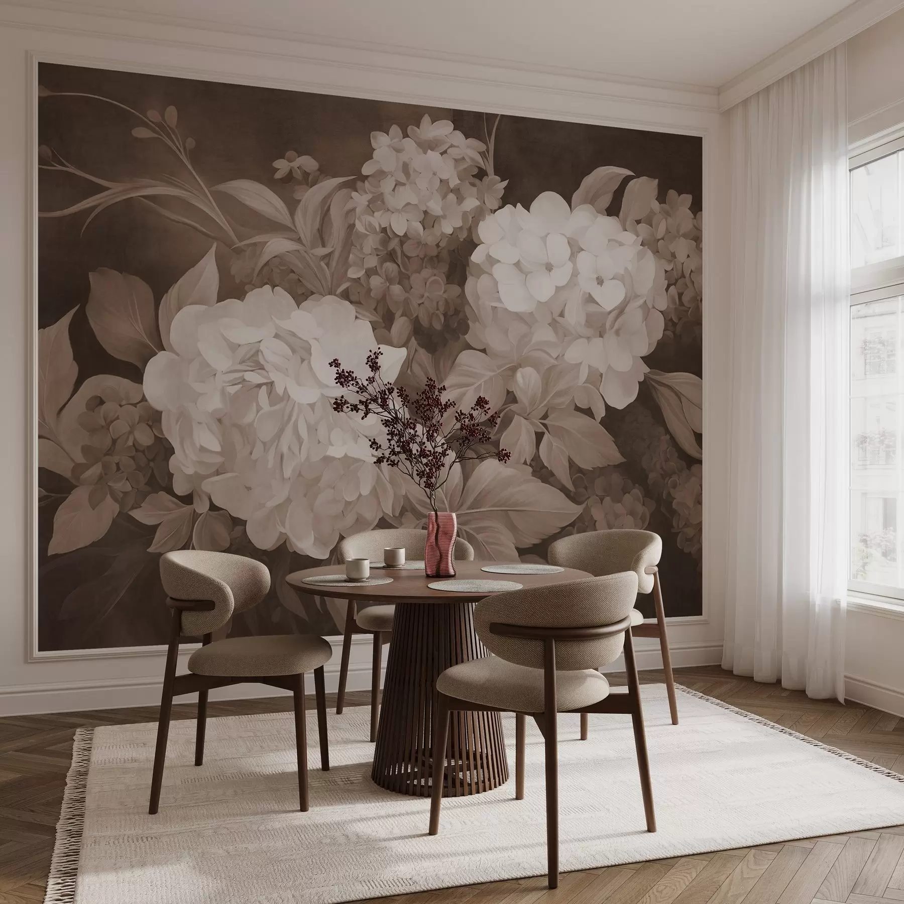 wall murals Текстурирана сепија слика имитација цветова хортензија са великим листовима, апстрактна и тамна позадина w09465