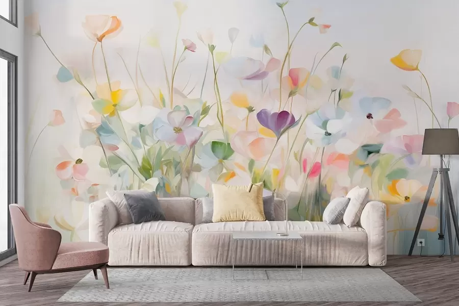 wall murals Апстрактно поље шареног цвећа са дугим стабљикама и зеленим листовима, текстурирано, пастелно, светло w09466