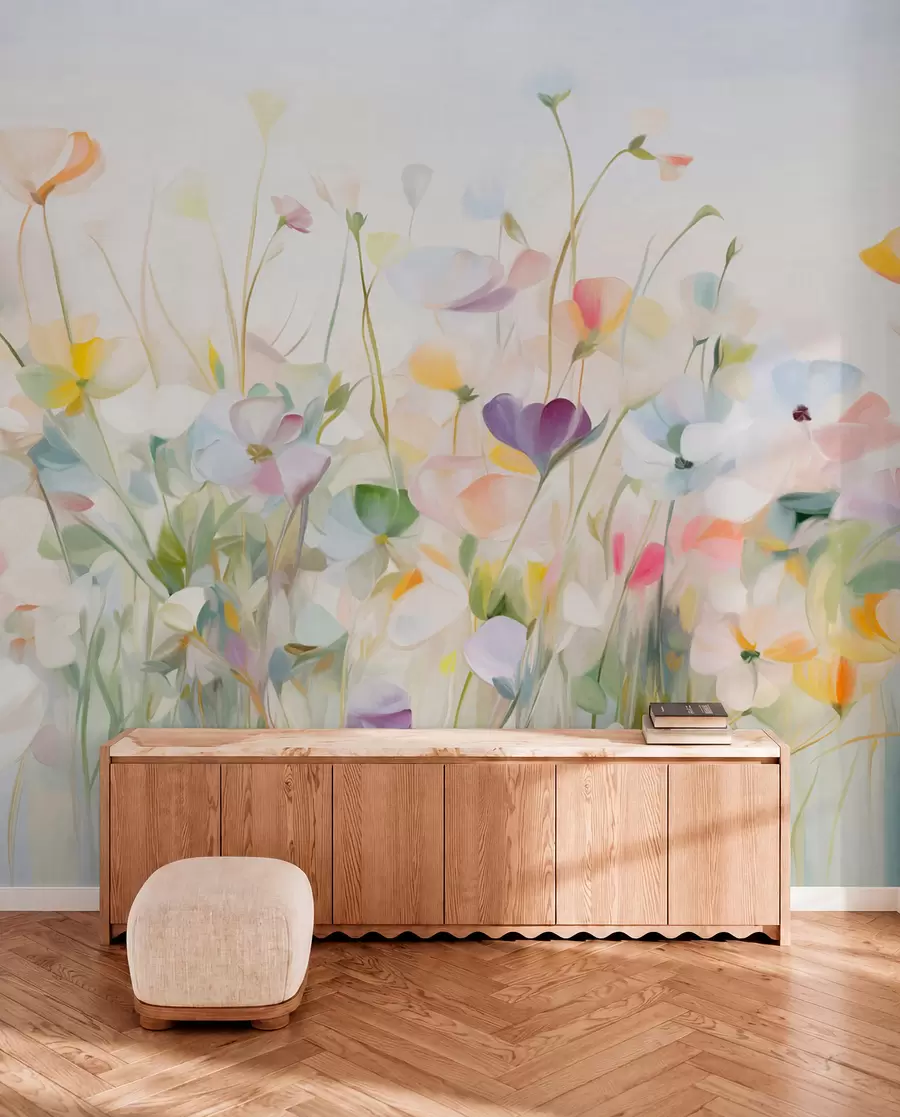 wall murals Апстрактно поље шареног цвећа са дугим стабљикама и зеленим листовима, текстурирано, пастелно, светло w09466