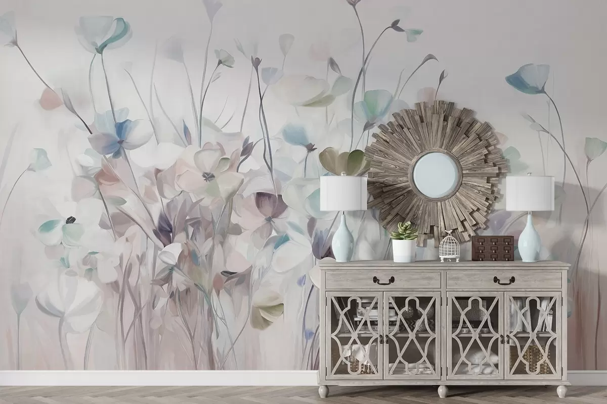wall murals Апстрактно поље плавих и смеђих цветова са дугим стабљикама и листовима, текстурираних, пастелних, пригушених боја w09466v1