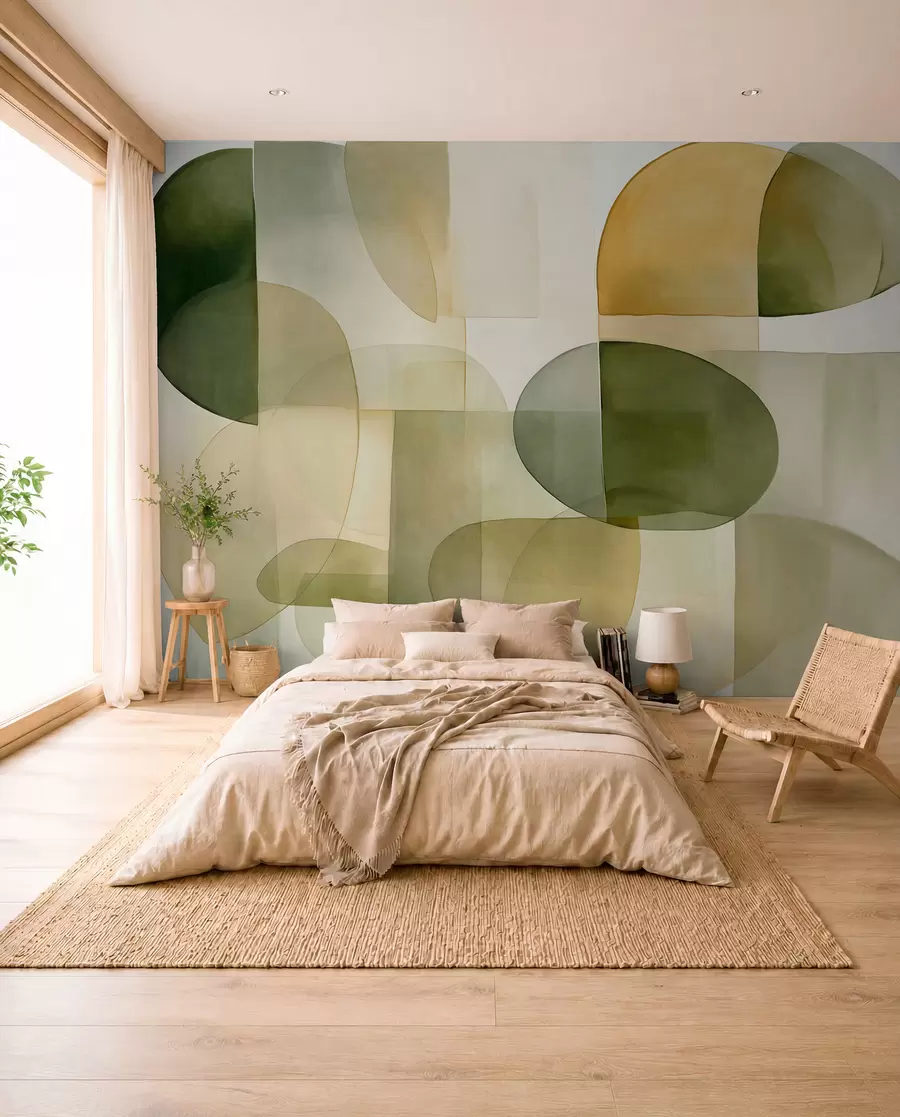wall murals Апстрактни текстурирани облици у нијансама зелене и жуте, пригушени тонови, минималистичка композиција, неутрална позадина w09467