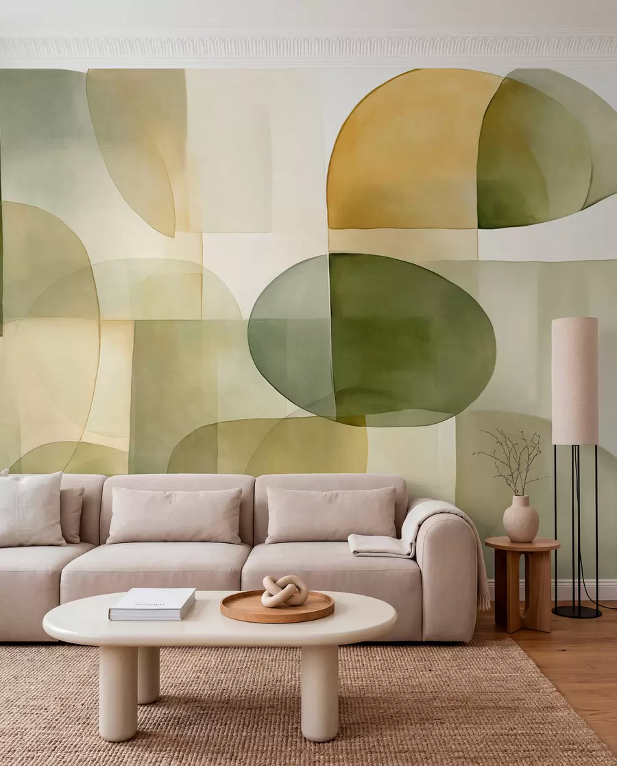 wall murals Апстрактни текстурирани облици у нијансама зелене и жуте, пригушени тонови, минималистичка композиција, неутрална позадина w09467