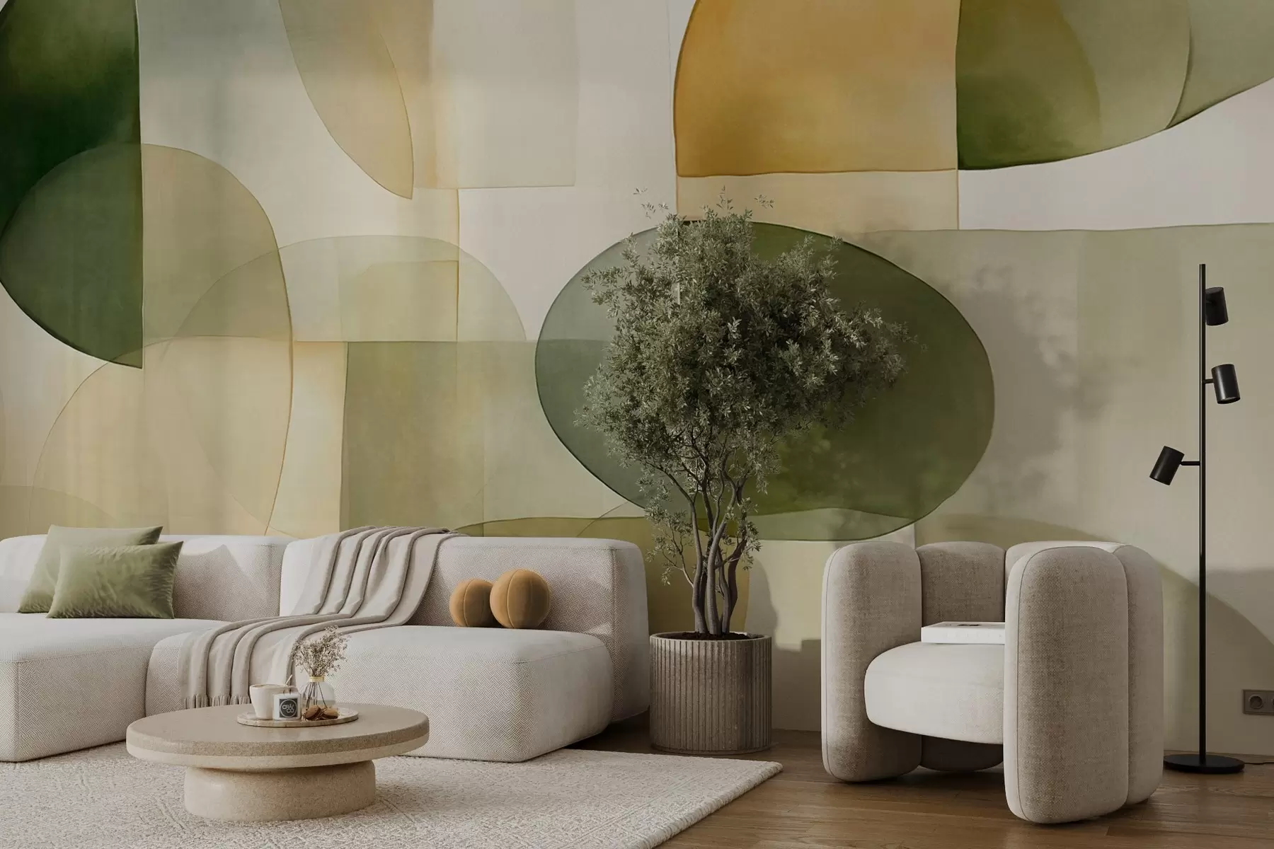 wall murals Апстрактни текстурирани облици у нијансама зелене и жуте, пригушени тонови, минималистичка композиција, неутрална позадина w09467