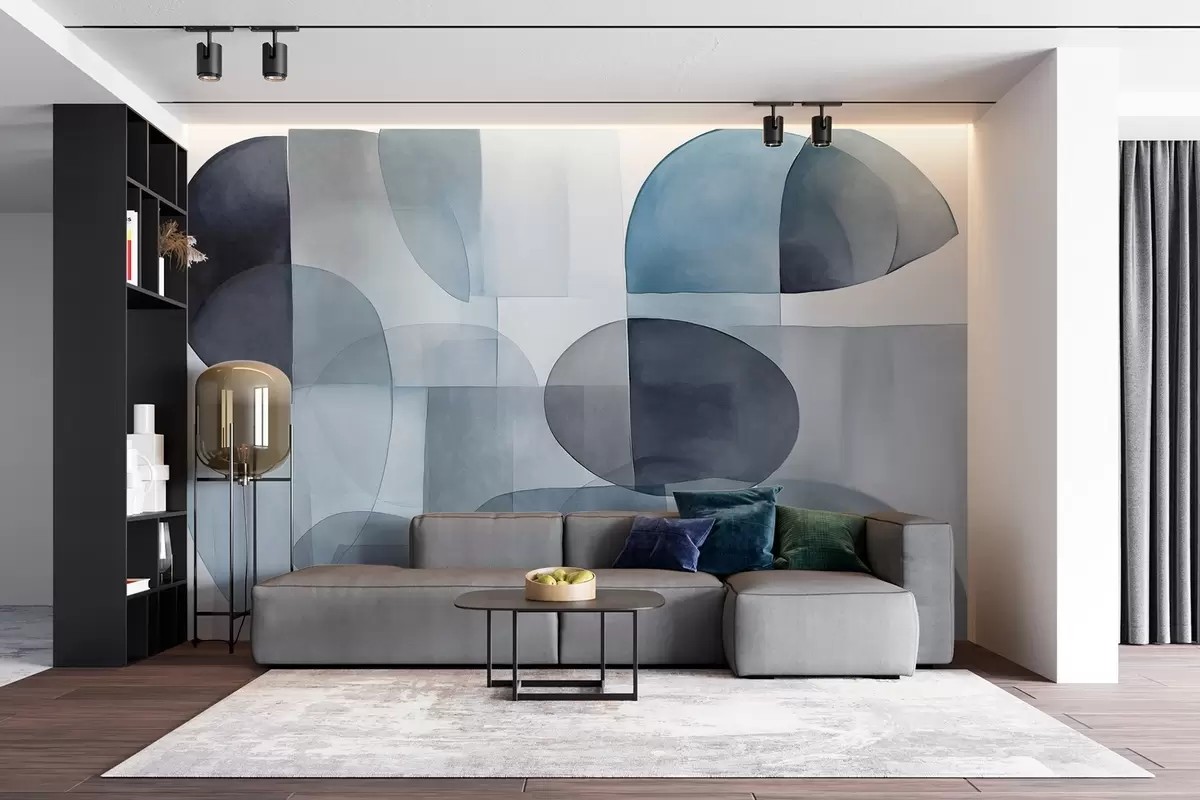 wall murals Апстрактни текстурирани облици у нијансама сиве и плаве, пригушени тонови, минималистичка композиција, неутрална позадина w09467v1