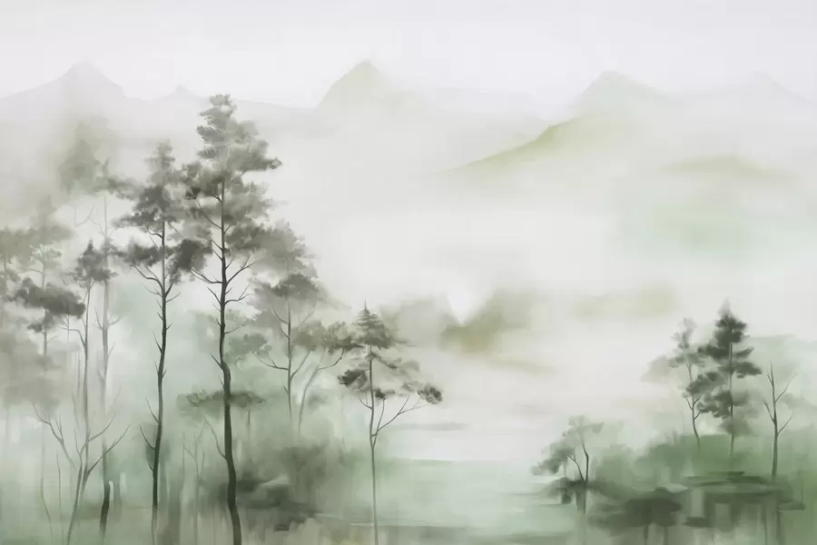 wall murals Магловити пејзаж са високим дрвећем и планинама, пригушени зелени и сиви тонови, минималистички стил, текстуриран w09469