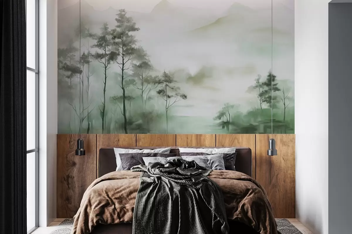 wall murals Магловити пејзаж са високим дрвећем и планинама, пригушени зелени и сиви тонови, минималистички стил, текстуриран w09469