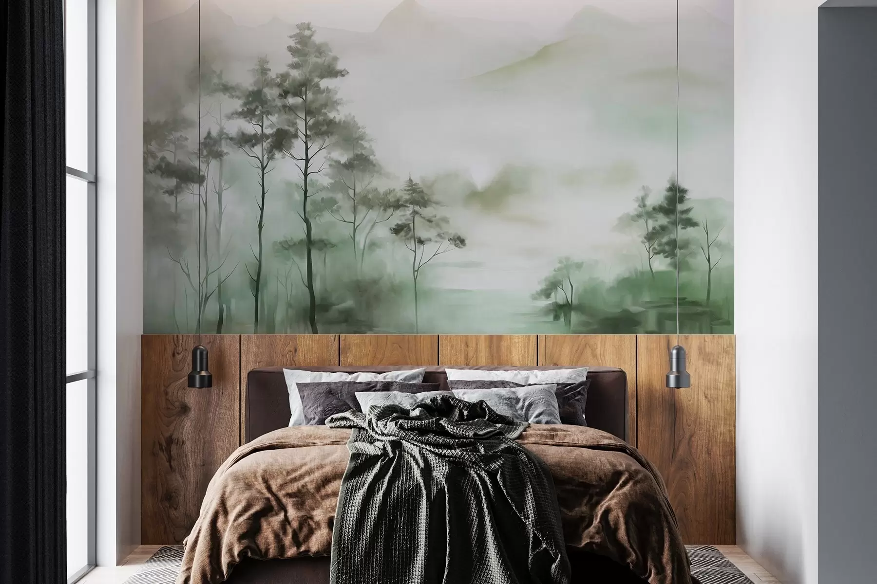 wall murals Магловити пејзаж са високим дрвећем и планинама, пригушени зелени и сиви тонови, минималистички стил, текстуриран w09469