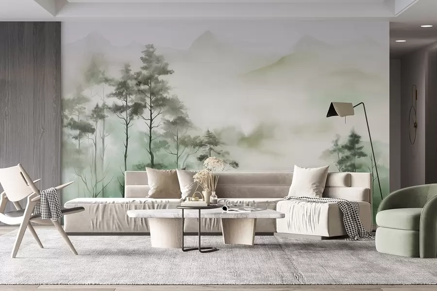 wall murals Магловити пејзаж са високим дрвећем и планинама, пригушени зелени и сиви тонови, минималистички стил, текстуриран w09469