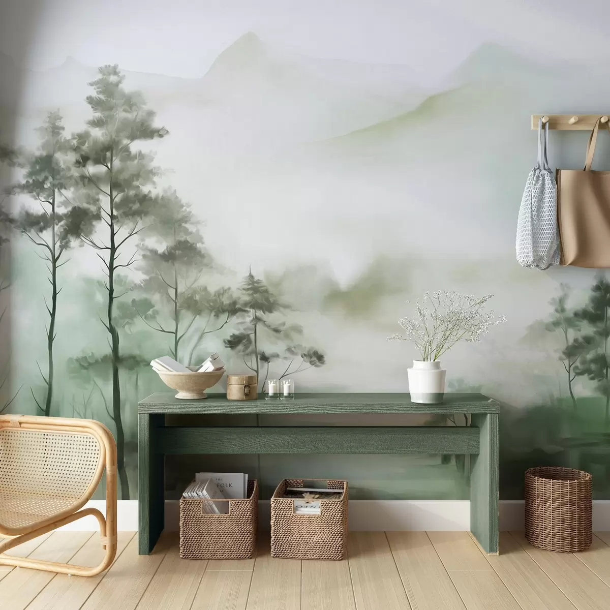 wall murals Магловити пејзаж са високим дрвећем и планинама, пригушени зелени и сиви тонови, минималистички стил, текстуриран w09469