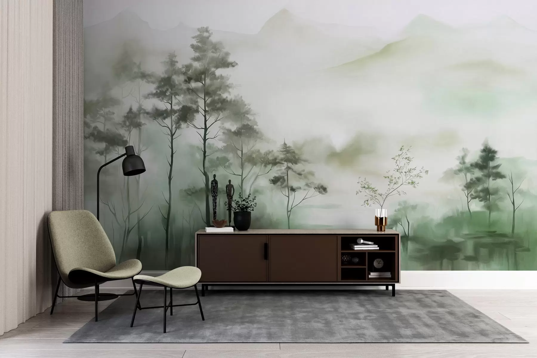 wall murals Магловити пејзаж са високим дрвећем и планинама, пригушени зелени и сиви тонови, минималистички стил, текстуриран w09469