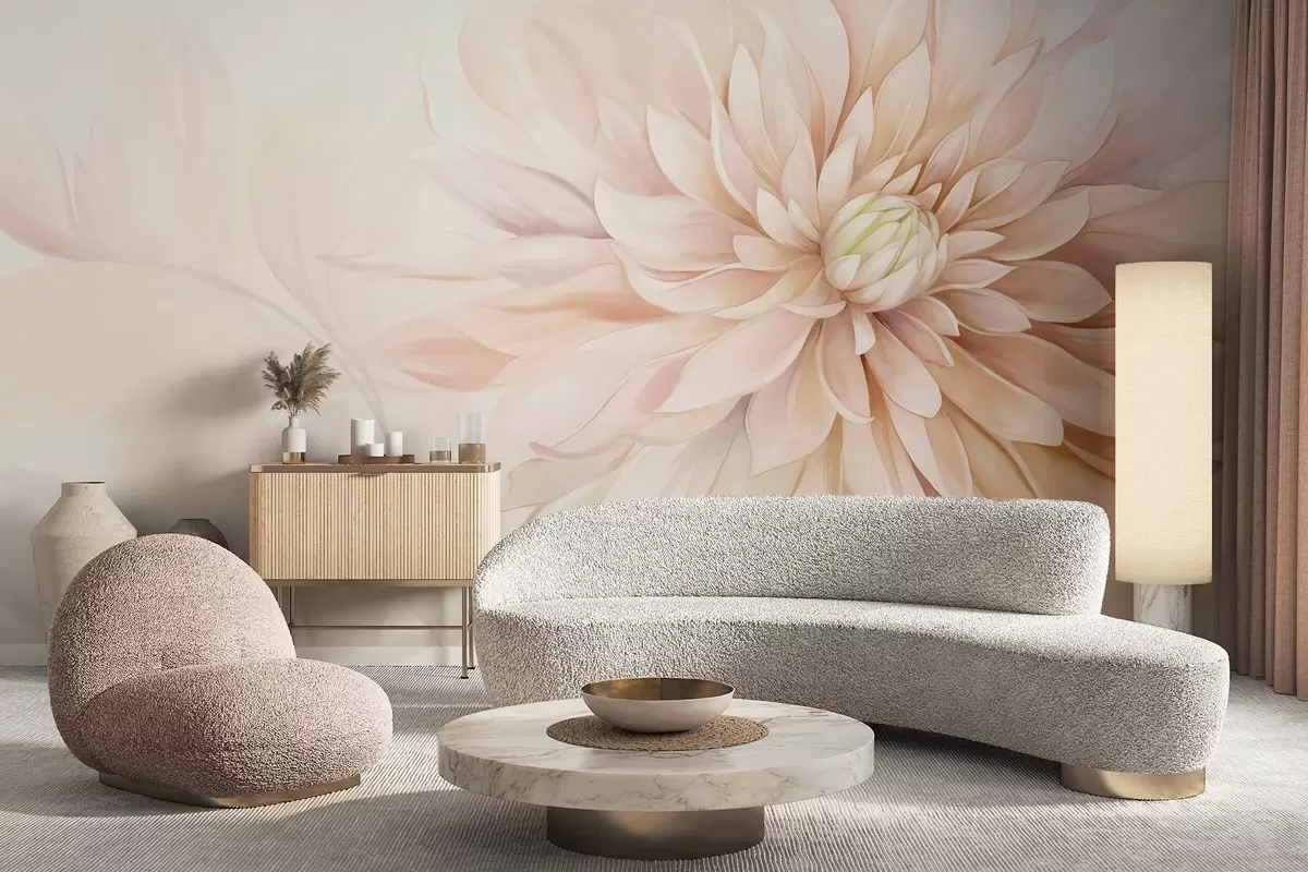 wall murals Светло ружичасти цвет далије са много латица, мека текстурирана пастелна позадина са нотама зелене и беж боје w09470