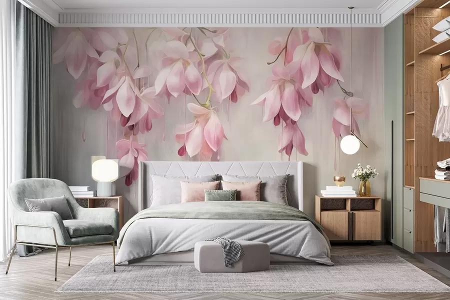 wall murals Висеће ружичасто цвеће, светло сива позадина, цветни текстурирани аранжман, ботаничка уметност, пастелне боје w09471
