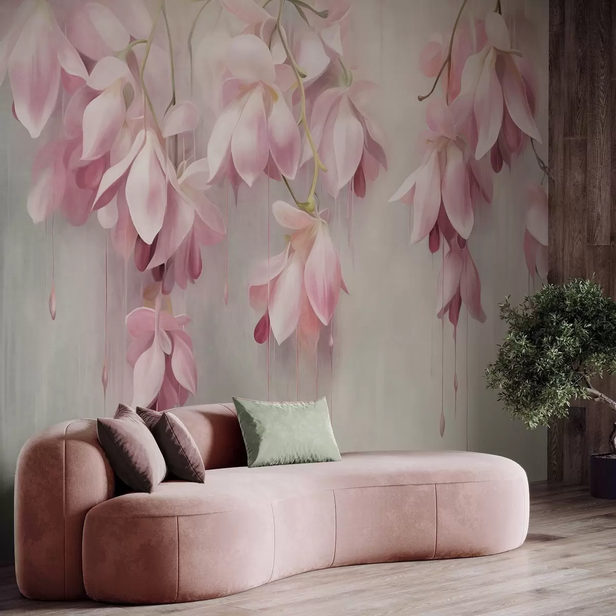 wall murals Висеће ружичасто цвеће, светло сива позадина, цветни текстурирани аранжман, ботаничка уметност, пастелне боје w09471