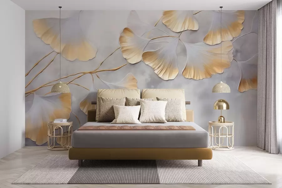wall murals Листови гинка билобе са жутим ивицама на грани, сива текстурирана позадина, елегантан и минималистички дизајн w09472