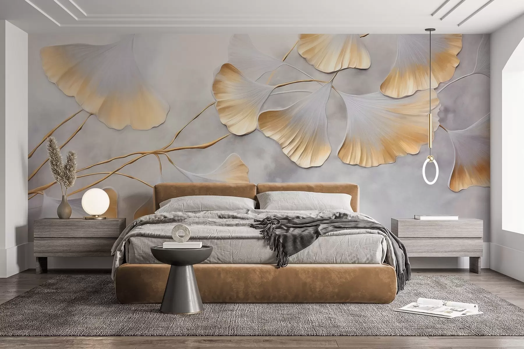 wall murals Листови гинка билобе са жутим ивицама на грани, сива текстурирана позадина, елегантан и минималистички дизајн w09472