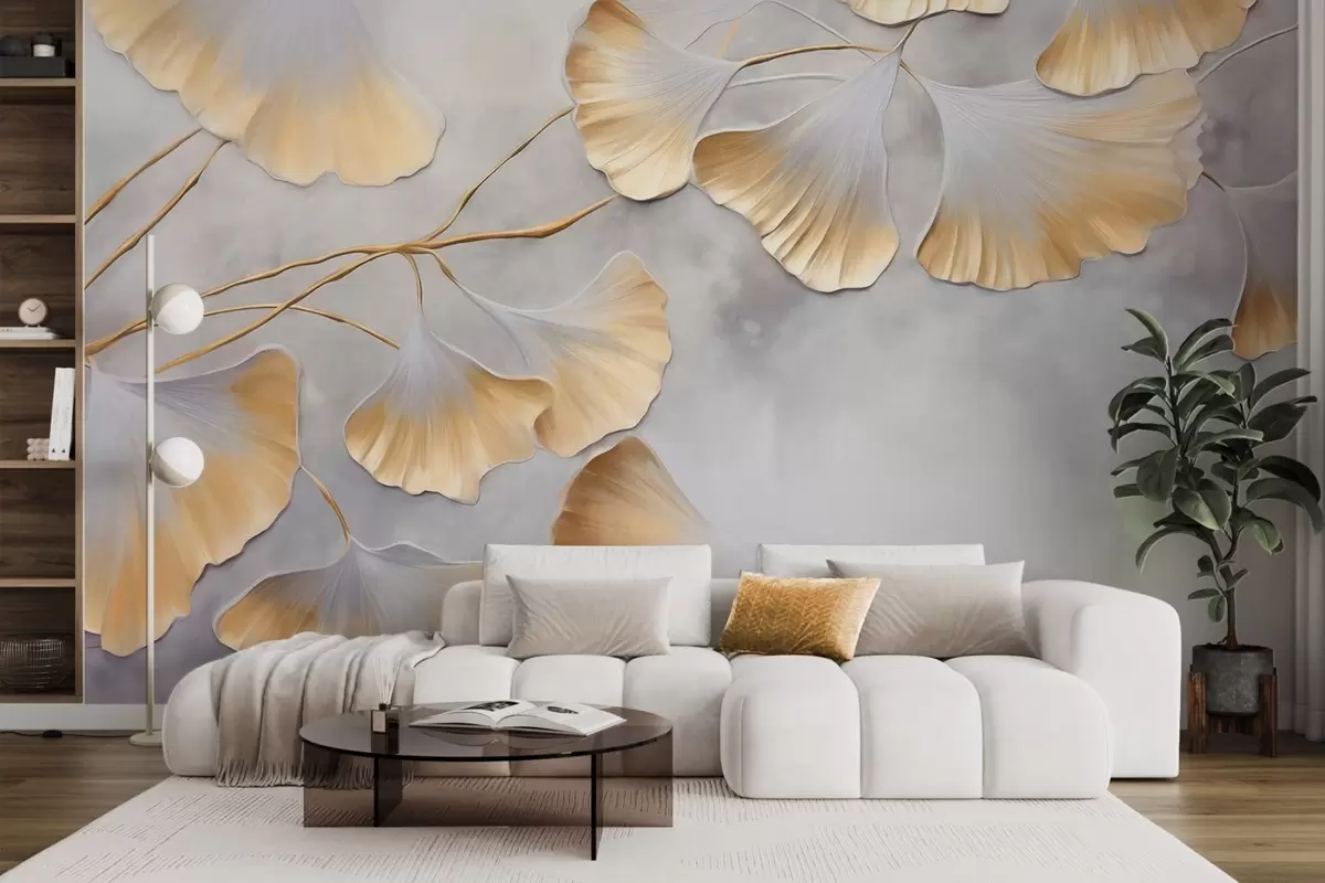 wall murals Листови гинка билобе са жутим ивицама на грани, сива текстурирана позадина, елегантан и минималистички дизајн w09472