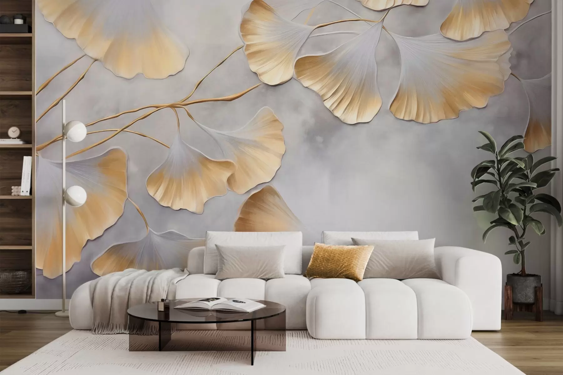 wall murals Листови гинка билобе са жутим ивицама на грани, сива текстурирана позадина, елегантан и минималистички дизајн w09472