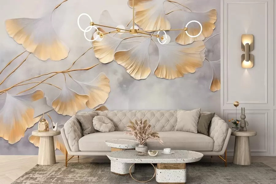 wall murals Листови гинка билобе са жутим ивицама на грани, сива текстурирана позадина, елегантан и минималистички дизајн w09472