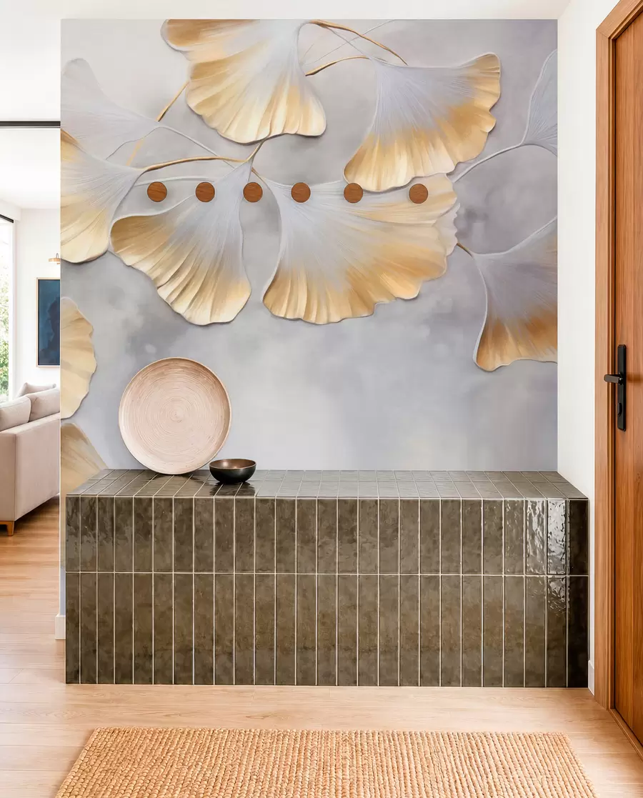 wall murals Листови гинка билобе са жутим ивицама на грани, сива текстурирана позадина, елегантан и минималистички дизајн w09472