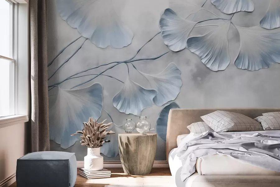 wall murals Листови гинка билобе са плавим ивицама на грани, сива текстурирана позадина, елегантан и минималистички дизајн w09472v1