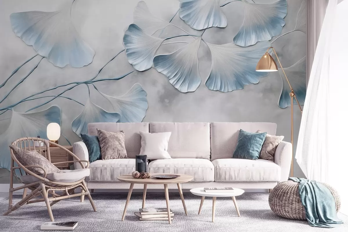 wall murals Листови гинка билобе са плавим ивицама на грани, сива текстурирана позадина, елегантан и минималистички дизајн w09472v1
