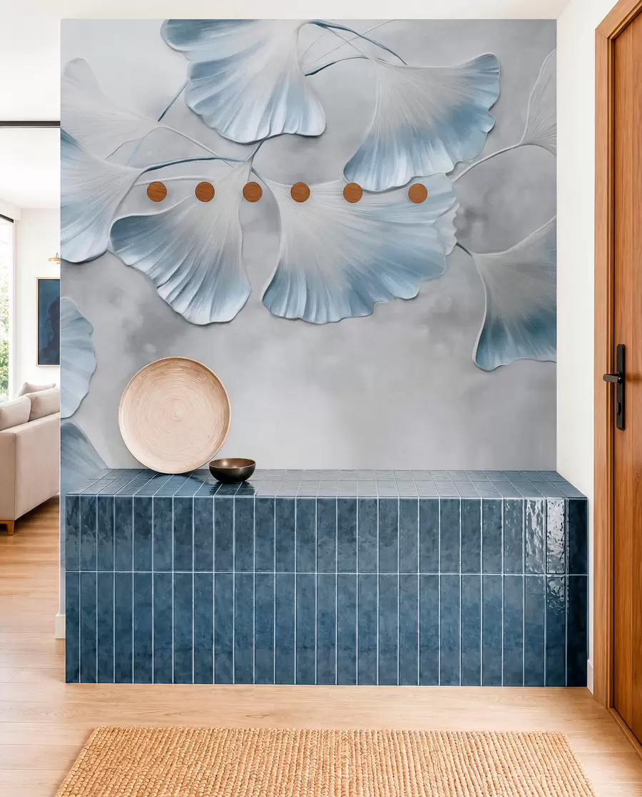 wall murals Листови гинка билобе са плавим ивицама на грани, сива текстурирана позадина, елегантан и минималистички дизајн w09472v1