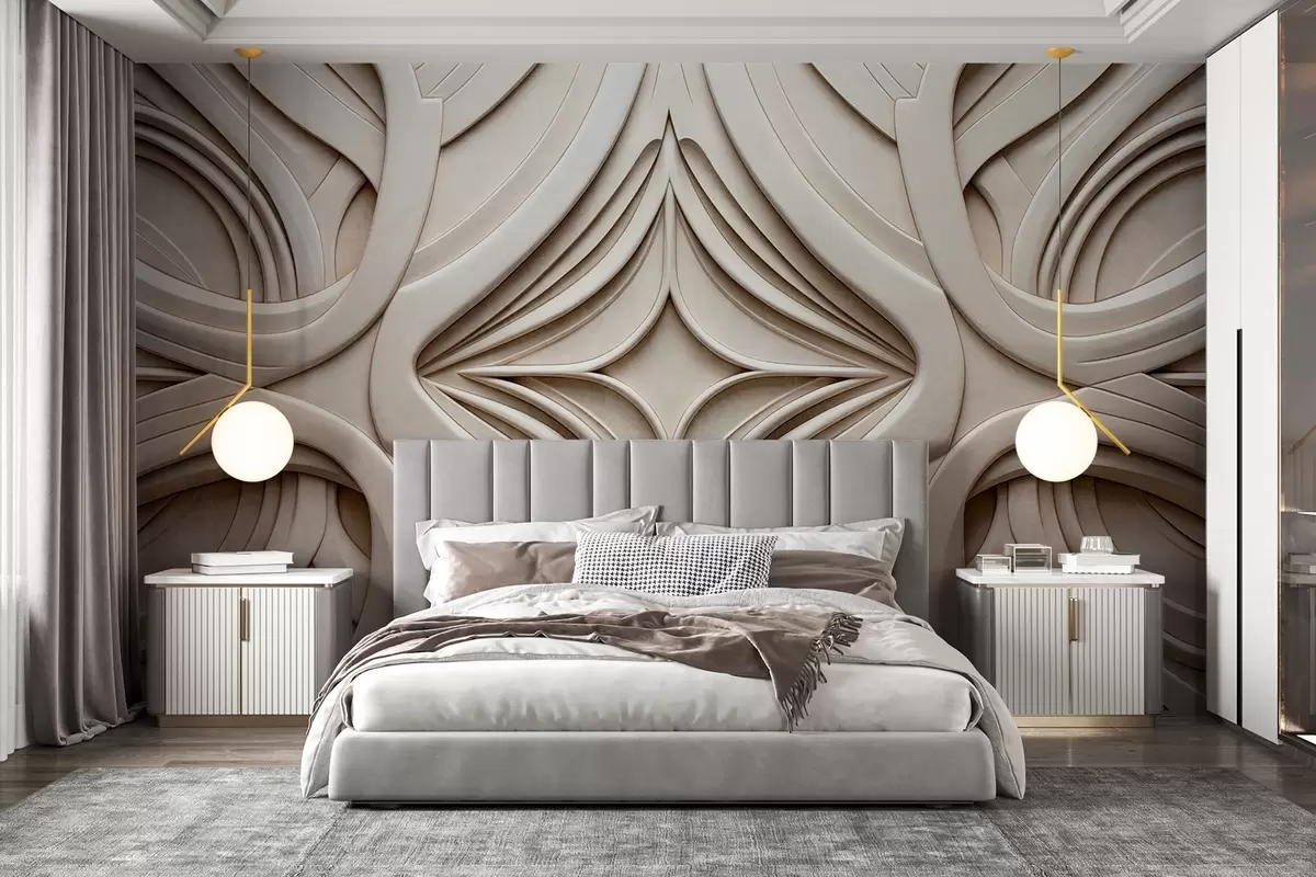 wall murals Апстрактни симетрични текстурирани геометријски отисак, светло беж боја, арт деко стил, замршени детаљи w09473