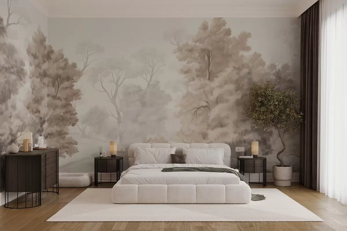 wall murals Текстурирана пејзажна слика имитација шуме са високим дрвећем и травом, пригушене и меке боје, смирујућа сцена w09474