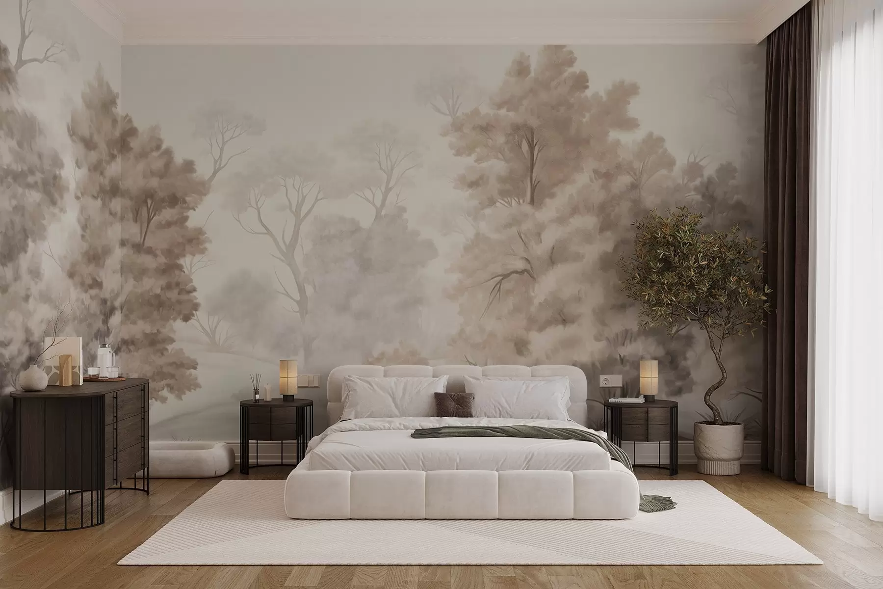 wall murals Текстурирана пејзажна слика имитација шуме са високим дрвећем и травом, пригушене и меке боје, смирујућа сцена w09474