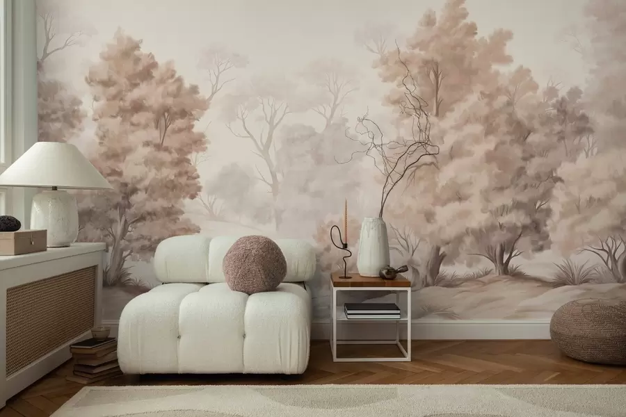 wall murals Текстурирана пејзажна слика имитација шуме са високим дрвећем и травом, пригушене и меке боје, смирујућа сцена w09474