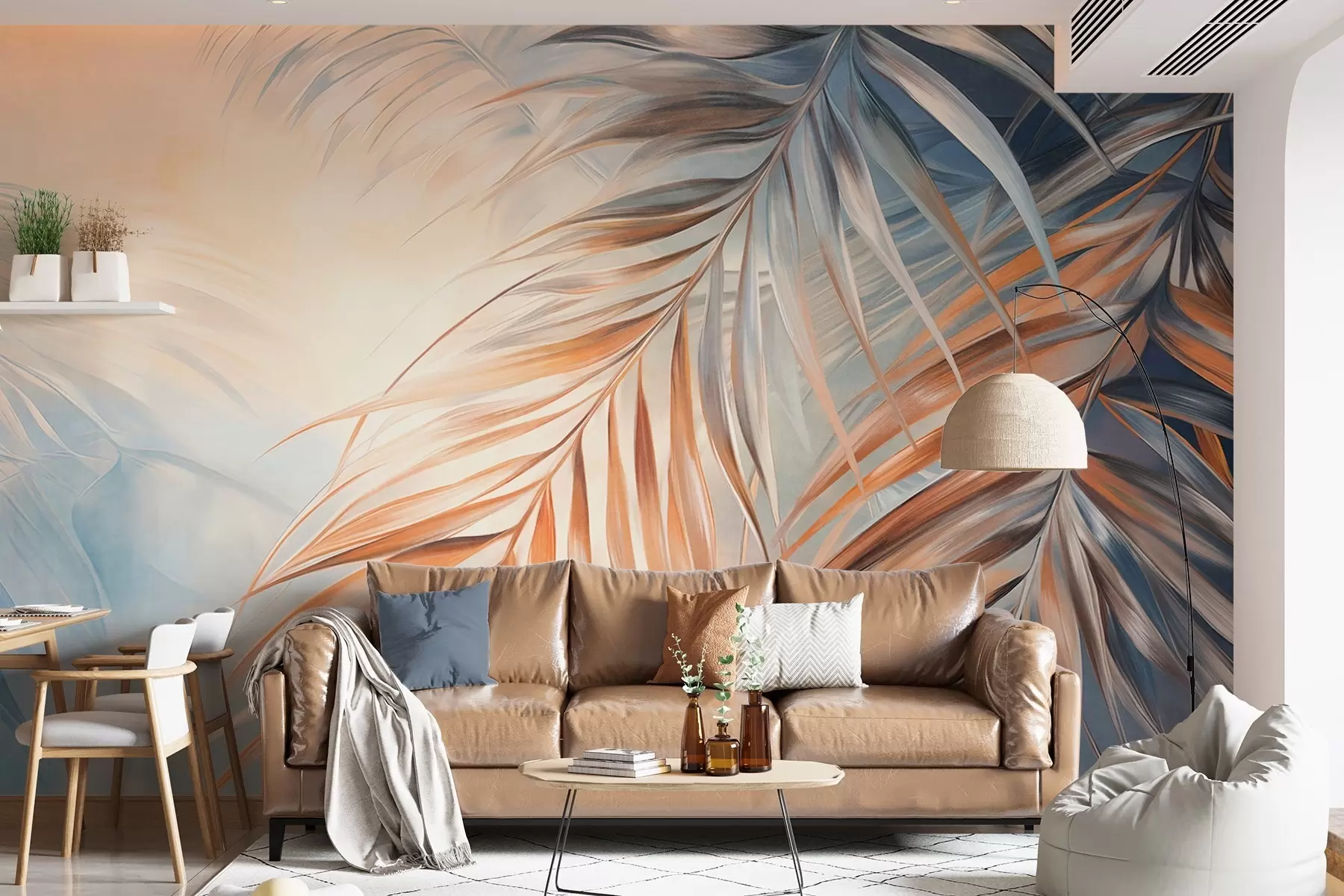 wall murals Палмино лишће са наранџастим и плавим тоновима, светла текстурирана позадина са меким бојама, елегантан тропски стил w09475