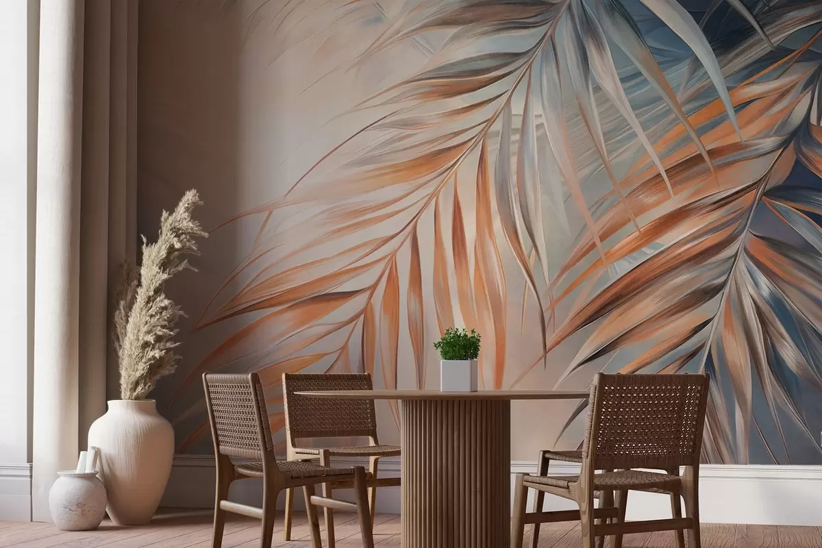 wall murals Палмино лишће са наранџастим и плавим тоновима, светла текстурирана позадина са меким бојама, елегантан тропски стил w09475