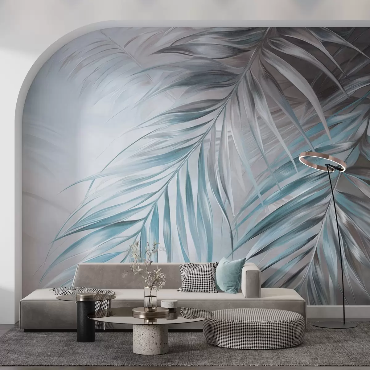 wall murals Палмино лишће са сивим и плавим тоновима, светла текстурирана позадина са меким бојама, елегантан тропски стил w09475v1