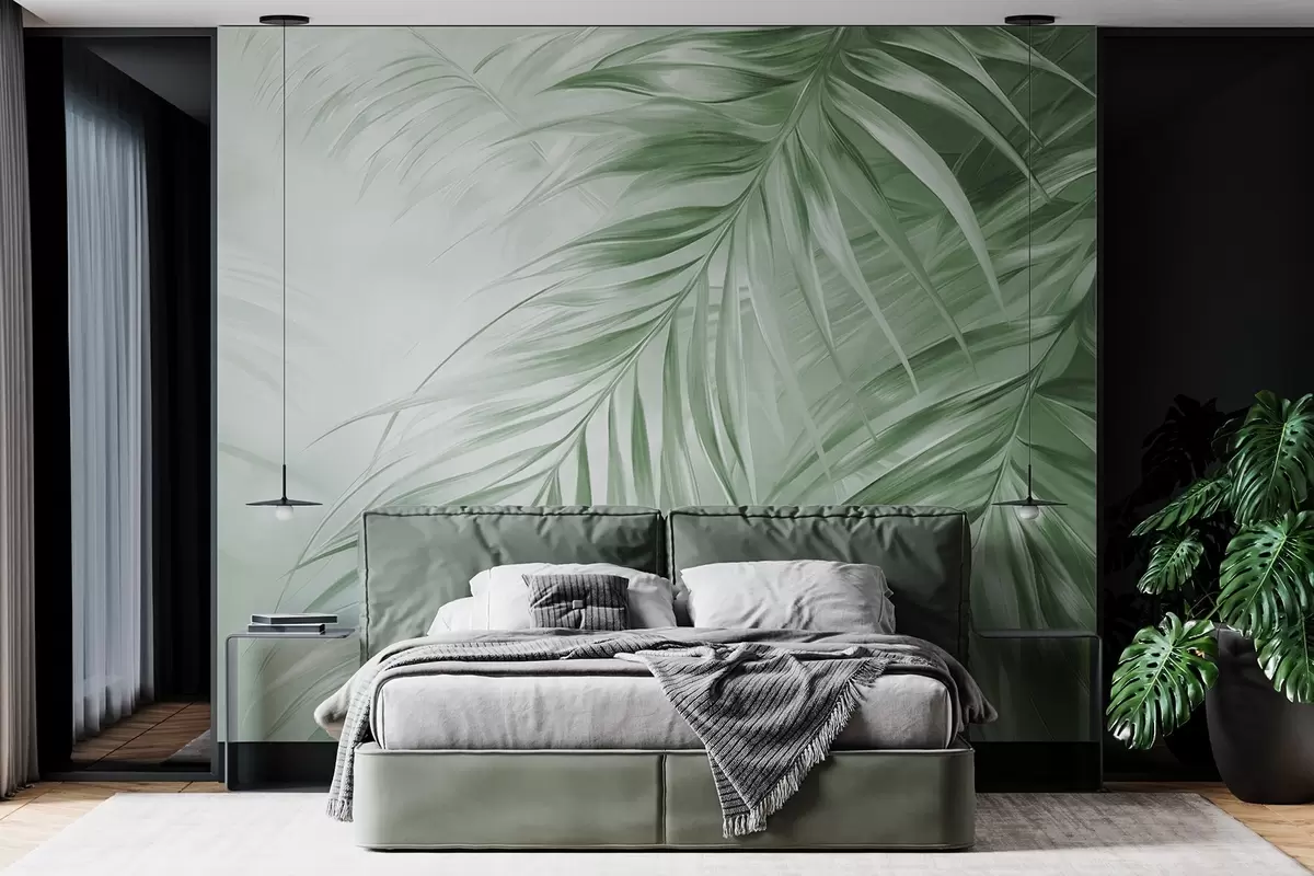 wall murals Палмино лишће са зеленим тоновима, светла текстурирана позадина са меким бојама, елегантан тропски стил w09475v2