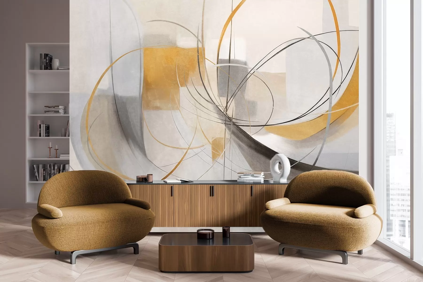 wall murals Апстрактни текстурирани модерни стил сликања са закривљеним линијама и геометријским облицима у нијансама сиве, беле и наранџасте w09476