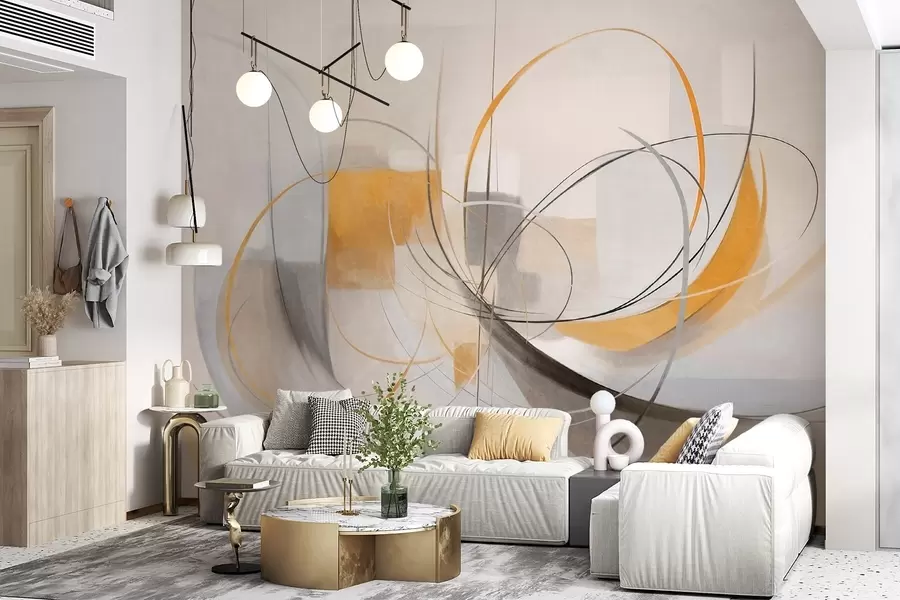 wall murals Апстрактни текстурирани модерни стил сликања са закривљеним линијама и геометријским облицима у нијансама сиве, беле и наранџасте w09476