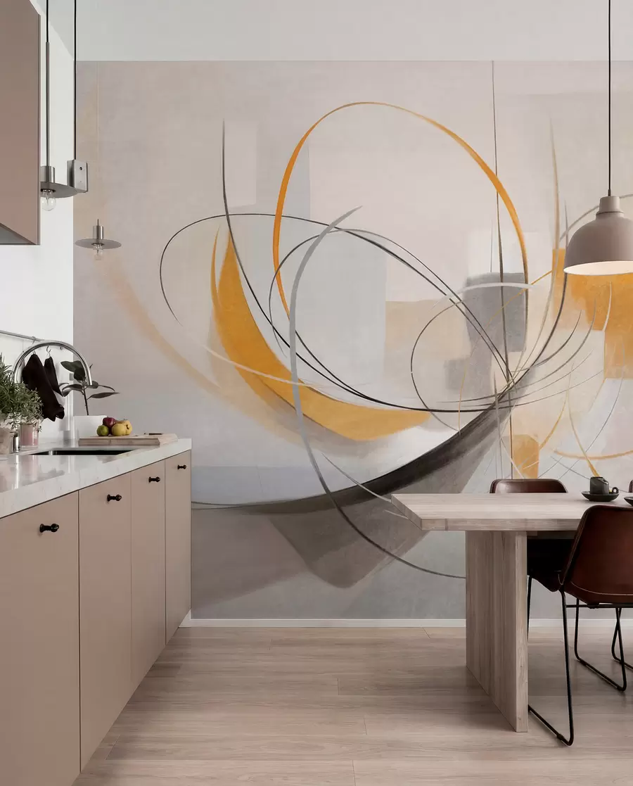 wall murals Апстрактни текстурирани модерни стил сликања са закривљеним линијама и геометријским облицима у нијансама сиве, беле и наранџасте w09476