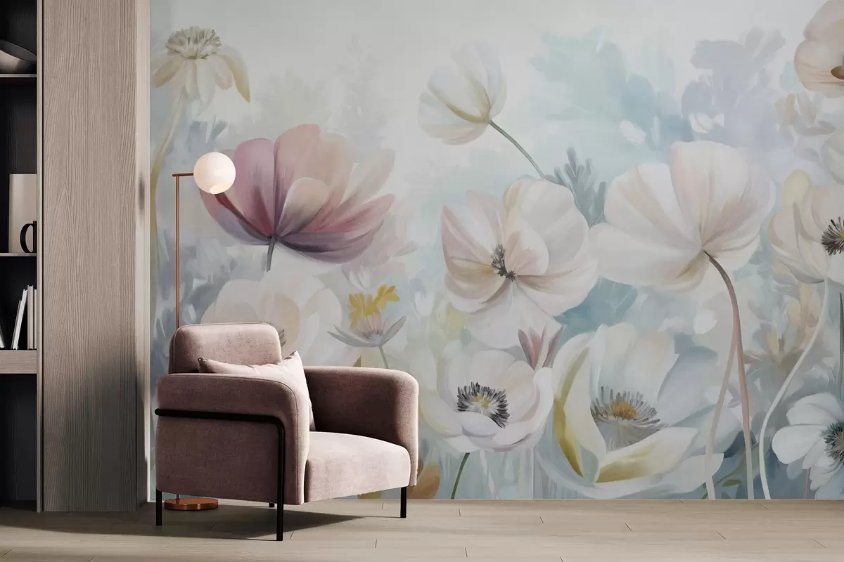 wall murals Поље пастелно обојеног цвећа са нежним латицама, меким зеленим листовима, у сањивом, текстурираном акварел стилу w09481