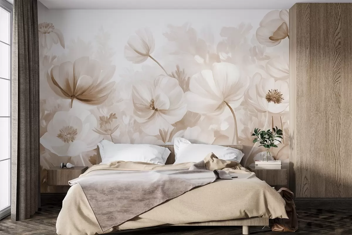 wall murals Поље беж цвећа са нежним латицама, меким смеђим листовима, у сањивом, текстурираном акварел стилу w09481v1