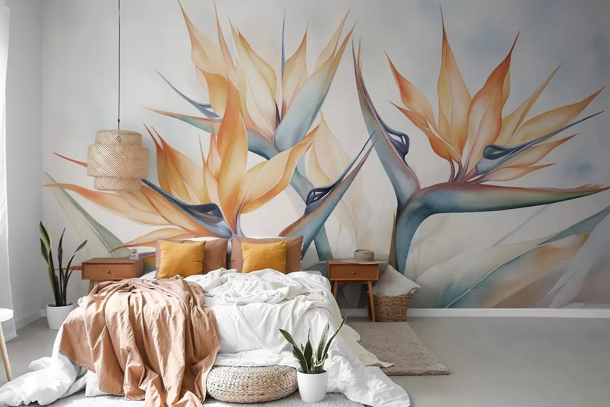 wall murals Цвет рајске птице, стрелиција са наранџастим латицама, меки акварел текстурирани стил, светла позадина w09483