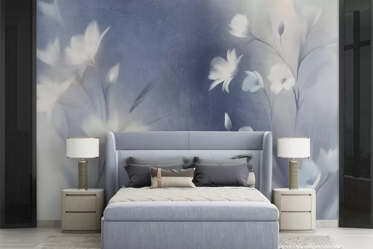 wall murals Бели текстурирани цветови са дугим стабљикама, меки пупољци на замућеној позадини плавих и белих нијанси w09484