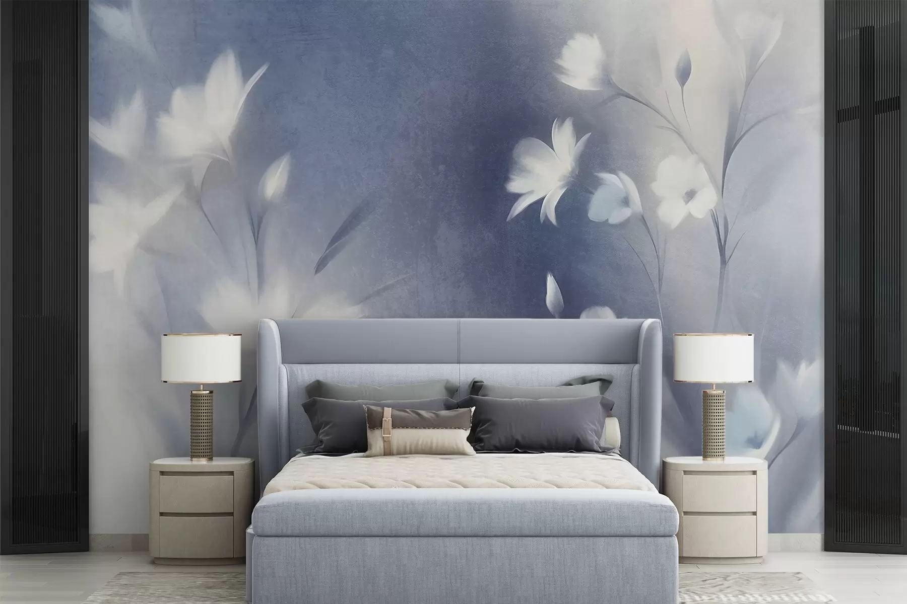 wall murals Бели текстурирани цветови са дугим стабљикама, меки пупољци на замућеној позадини плавих и белих нијанси w09484
